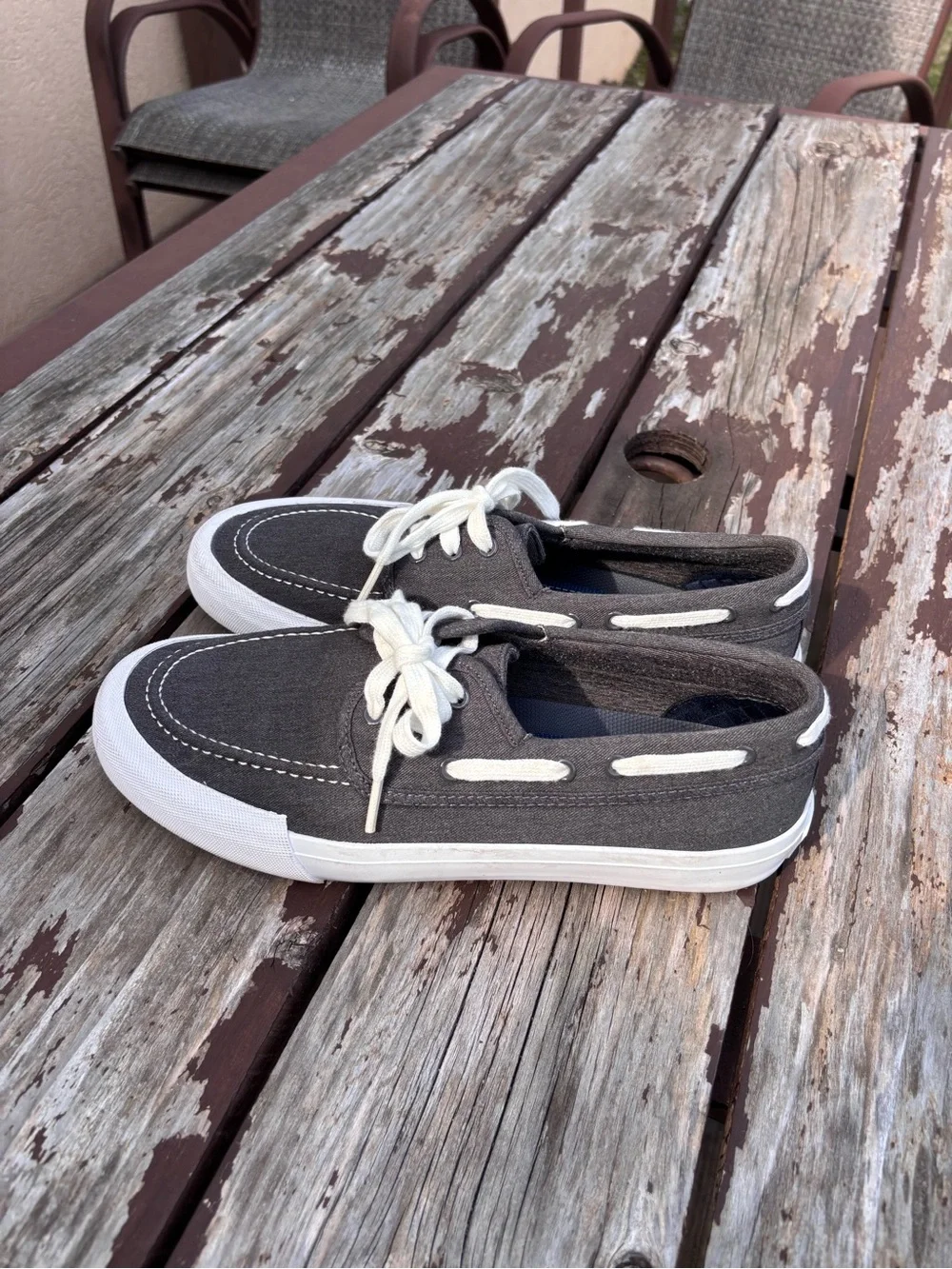 Dockers Canvas Boat Shoe Dark Charcoal Gray Men's Size 9 White Sole Lace Up